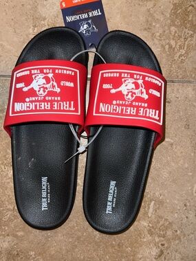 True Religion Black Footbed with Red Logo Strap Slides